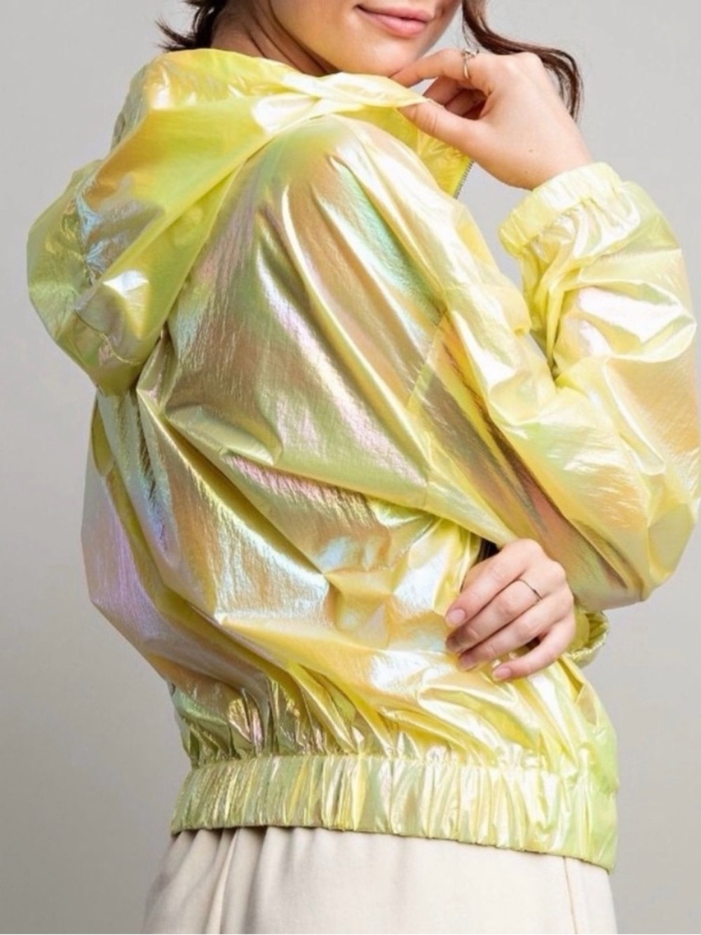 Easel Iridescent Yellow Nylon hooded Jacket - Shimmery Finish, full zip, Sz MED